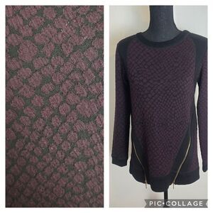 Rebecca Taylor Sweater Size 2 Maroon Animal Print Moto Zipper Wool Blend Stretch